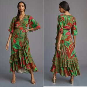 Farm Rio Flutter-Sleeve Wrap Maxi Dress XS